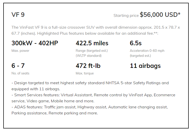 VinFast VF9 Earns 330-Mile EPA-Estimated Range, Deliveries Start This Year